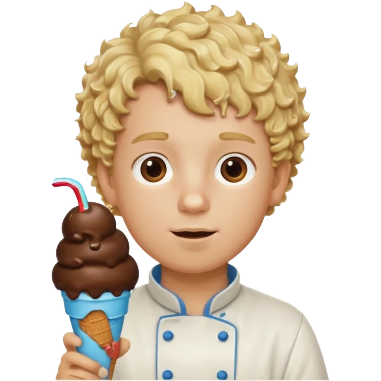 boy blonde curly hair, chef, eating big chocolate ice cream emoji