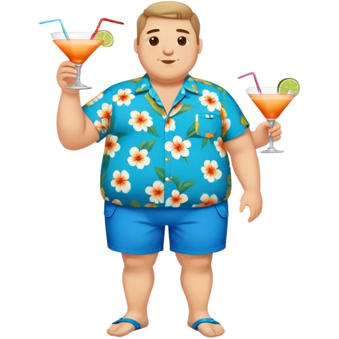 chubby guy full figure in a flowered azure havai shirt, brown shorts and flippers holding a cocktail emoji