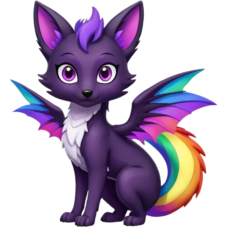 Cartoon female black Fox dragon hybrid purple eyes with rainbow colored wings face front full body emoji