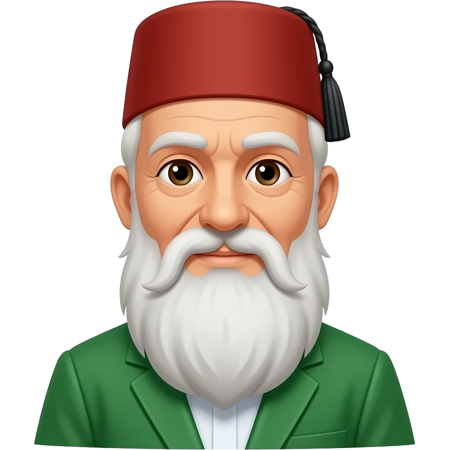 old man in green outfit wearing classic red fez hat with black tassel, bust size emoji