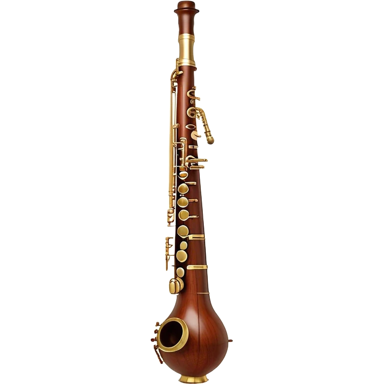 Create an elegant and detailed emoji representing a professional Yamaha bassoon. The design should feature the sleek wooden body of the bassoon with its rich wood tones, showing the intricate keywork and metal springs. The metal tubing of the instrument should be clearly visible, with polished brass accents. Highlight the bell and the distinctive, curved shape of the instrument. The mouthpiece and reed should be visible at the top, emphasizing the functional details. Use warm wood tones like dark brown, with gold and brass accents for the keys and fittings. Add soft musical notes or soundwaves to represent the deep, resonant sound of the bassoon. The background should be transparent. emoji