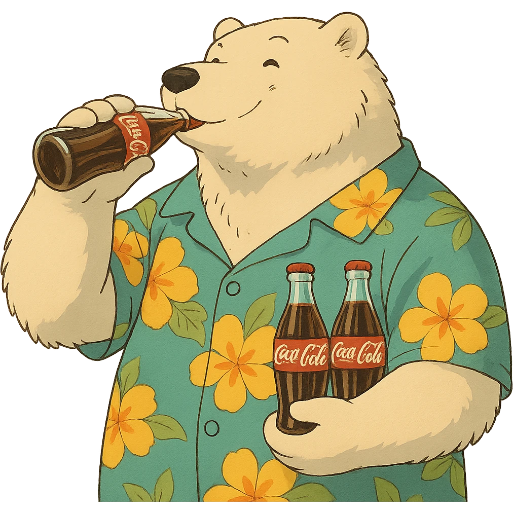 ghibli style polar bear in a Hawaiian shirt with Coke bottles, drinking Coca-Cola emoji