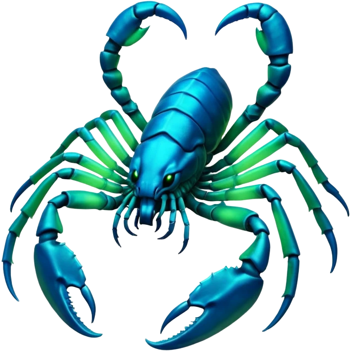 3D render of Radioactive Scorpion, bioluminescent deep sea style, glowing neon blue and green lights, dark background to contrast the glow, translucent organic textures. emoji
