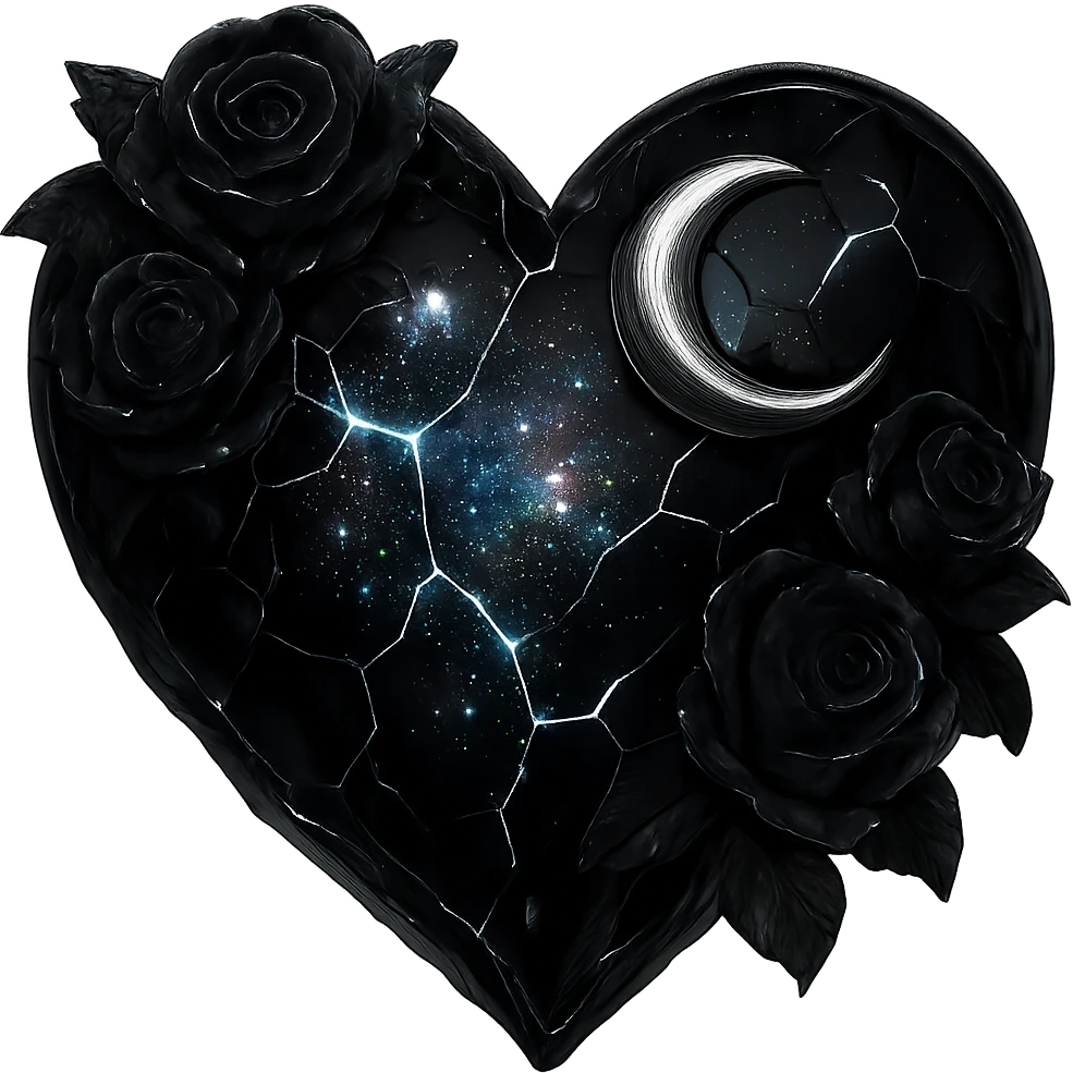 Edit the gothic heart to have cracked deep black glass, silver crescent moon, black roses, shimmering holographic stardust, neon lightning accents, and a glossy wet appearance. Keep the background transparent. emoji