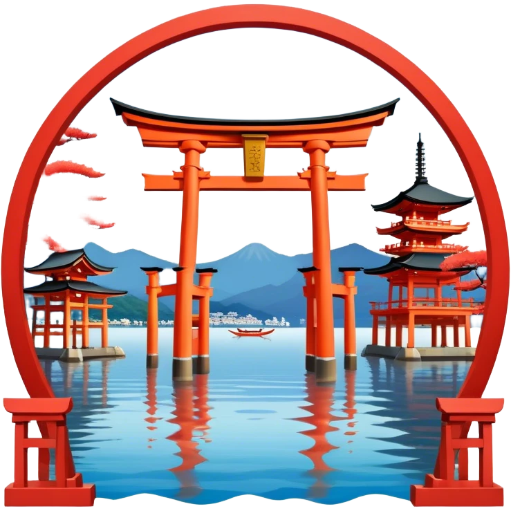 ​Cinematic Realistic Itsukushima Shrine, depicted as the iconic floating torii gate and shrine complex on the water, with vibrant vermilion hues contrasting against the serene blue sea and sky, rendered with intricate architectural details and soft, ethereal lighting that captures its spiritual beauty, emoji