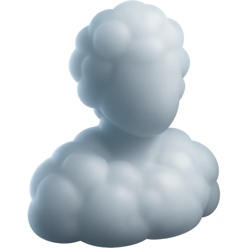 person made entirely of white fluffy convex clouds, shoulder up, front view, matte glass style emoji