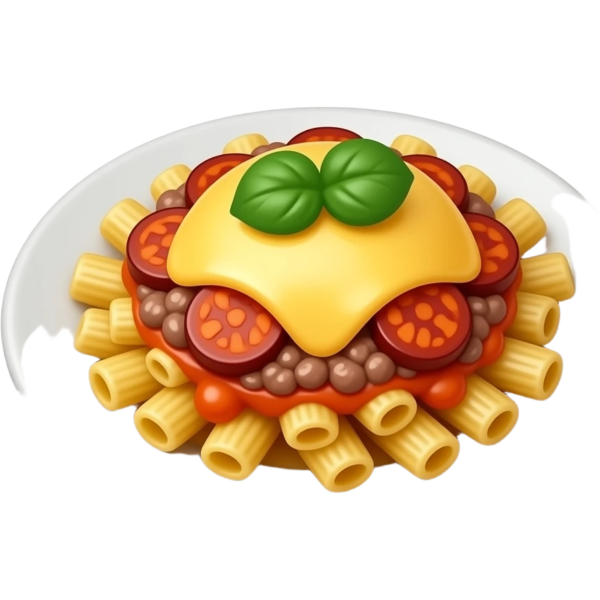 Emoji estilo iPhone de unos macarrones, que se le vean todos los ingredientes, niños macarrones, el chorizo, la carne picada, el queso emoji