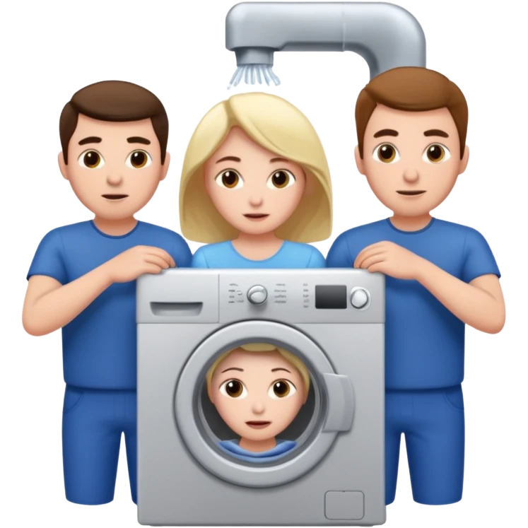 Eine Frau die in der Waschmaschine feststeckt und zwei männer die ihr helfen emoji