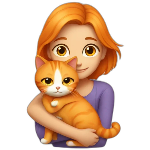 Girl with center parting hugs orange cat emoji