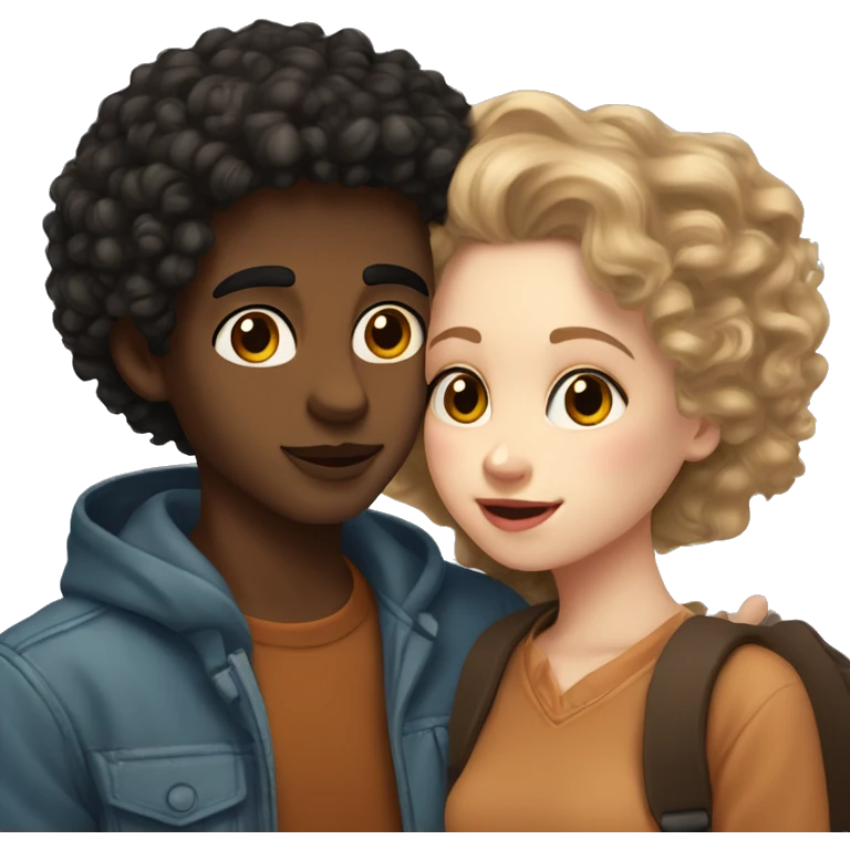 White skinned girl with curly brown hair kissing boy with light skin and black hair emoji