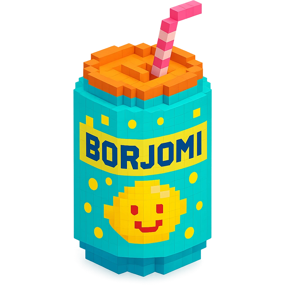 Borjomi lemonade can with a playful design, including bubbles and a straw emoji