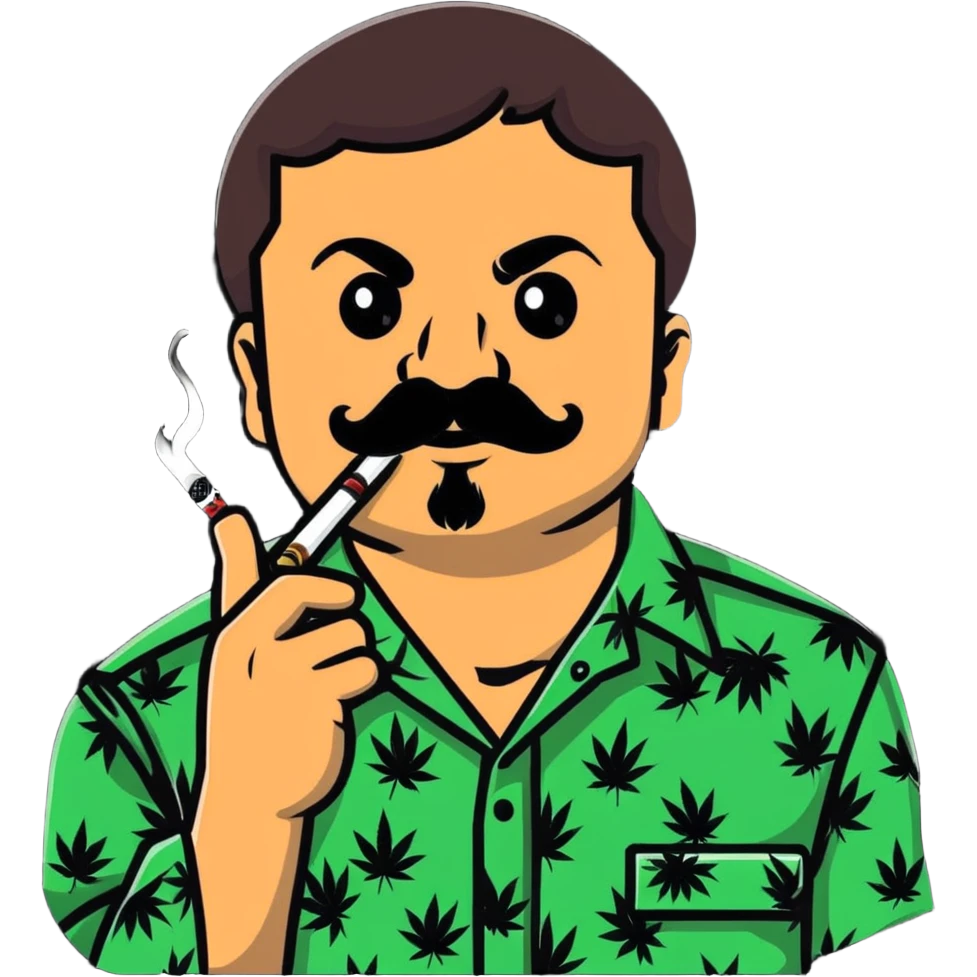 Mexican drug lord El Chapo with mustache and patterned shirt, smoking weed emoji