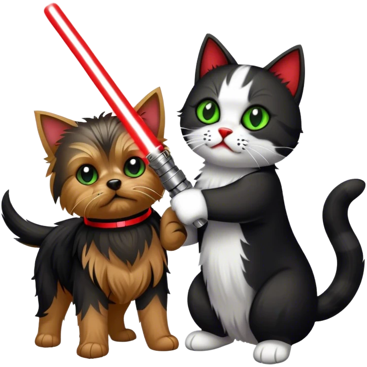 yorkshire terrier with green lightsaber fighting a black and white cat with a red lightsaber emoji