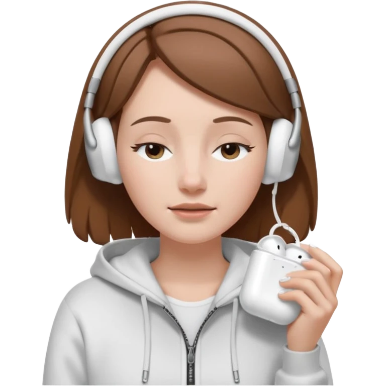 A clean, minimal emoji-style illustration of a white girl with brown hair worn loose. Her eyes are closed while listening to music with silver AirPods Max. She’s wearing a white zip-up hoodie. Smooth 3D emoji style, soft lighting, neutral tones. emoji