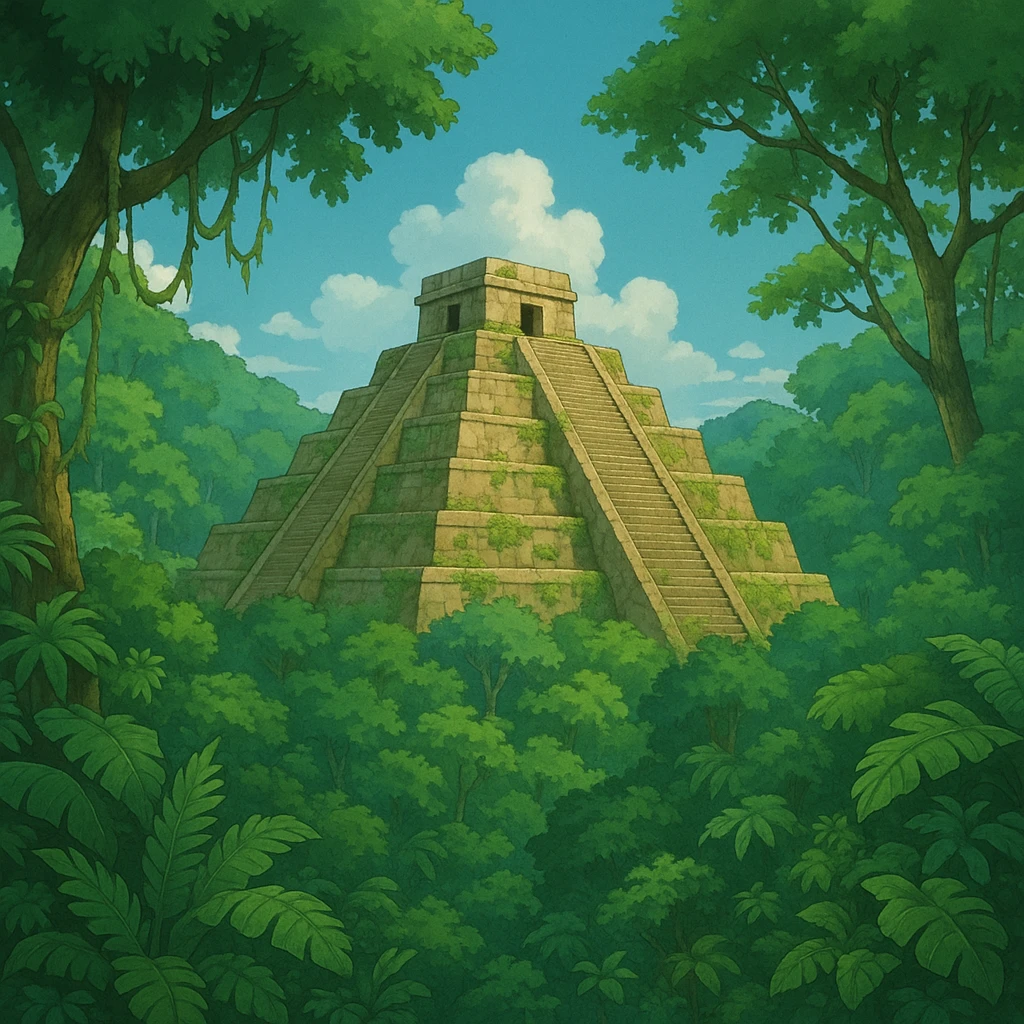Ghibli style ancient Mexican pyramid surrounded by lush jungle emoji