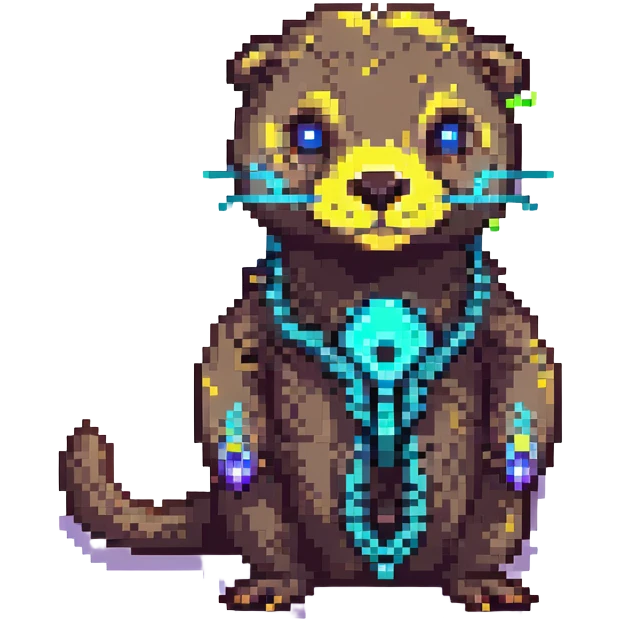 chibi pixel art otter, cyberpunk neural interface, neon reflections emoji