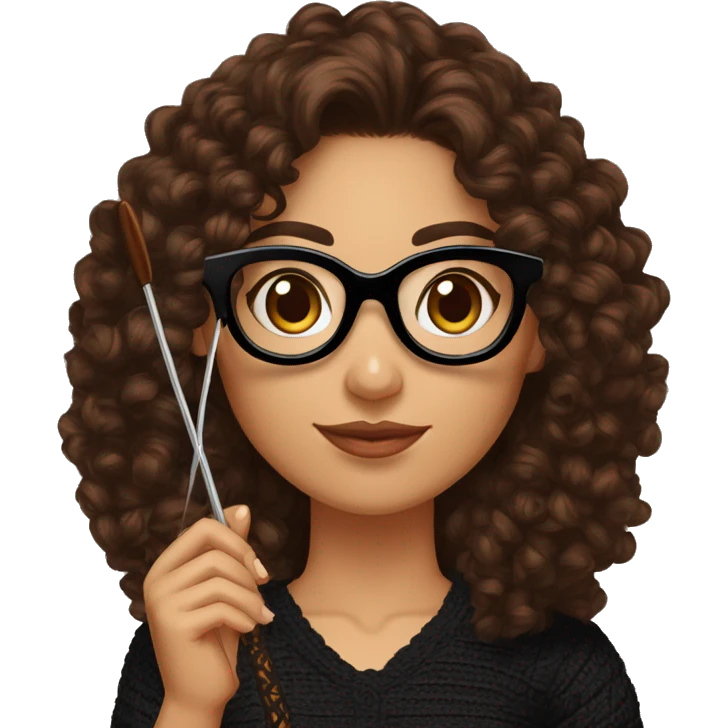 Hispanic woman with long chocolate brown curly hair,cateye black glasses, brown eyes, holding a crochet hook in one hand and yarn in the other hand, wearing a black lace shirt emoji
