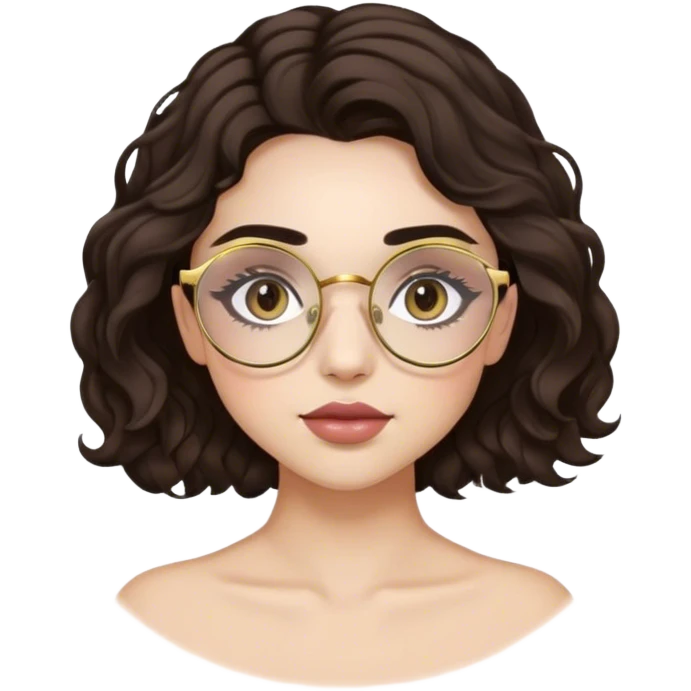 Pretty girl with dark wavy hair, light skin, natural make up, gold rose round glasses, dark slightly arched eyebrows, long lashes emoji