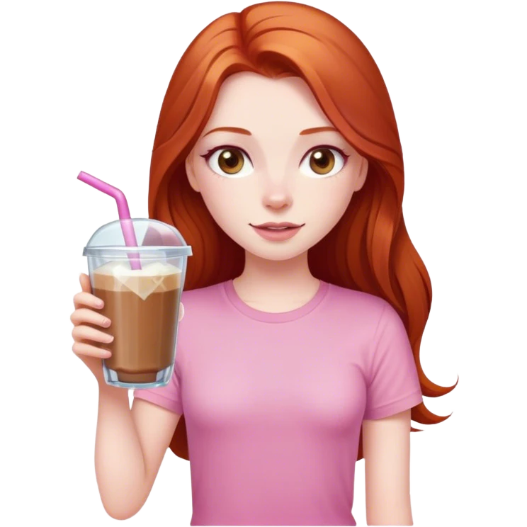 Redhead long  girl with ice coffe cristal glass brown eyes and a pink tshirt  emoji