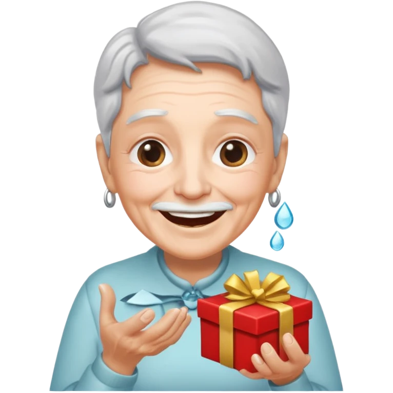 Una persona mayor recibiendo un regalo plateado. Se muestra sonriente y alegre los ojos llorando de felicidad se ve rejuvenecido emoji
