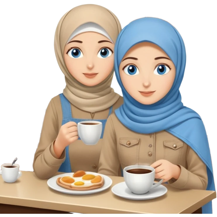 Turkish beautiful finish Konya two girls blue eyes with beige denim hijab islamic dress and make breakfast in coffeehouse emoji