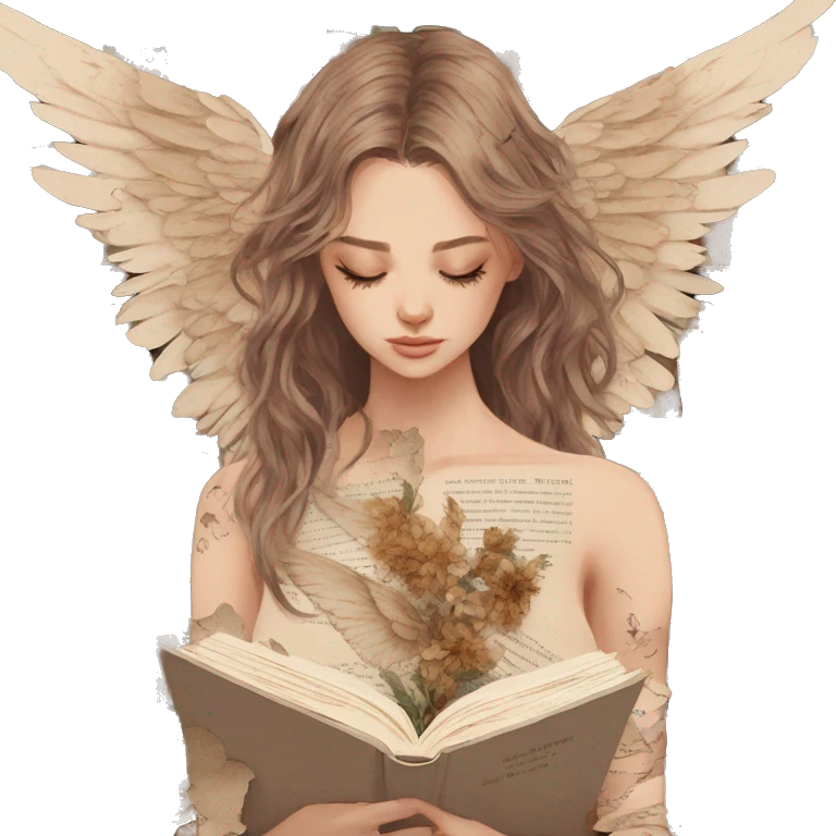 Library book bookworm academia aesthetic beige angel broken angel fallen angel tattoos with broken wing damaged wing torn wing, made of newspaper cuttings and dried flowers brown flowers emoji