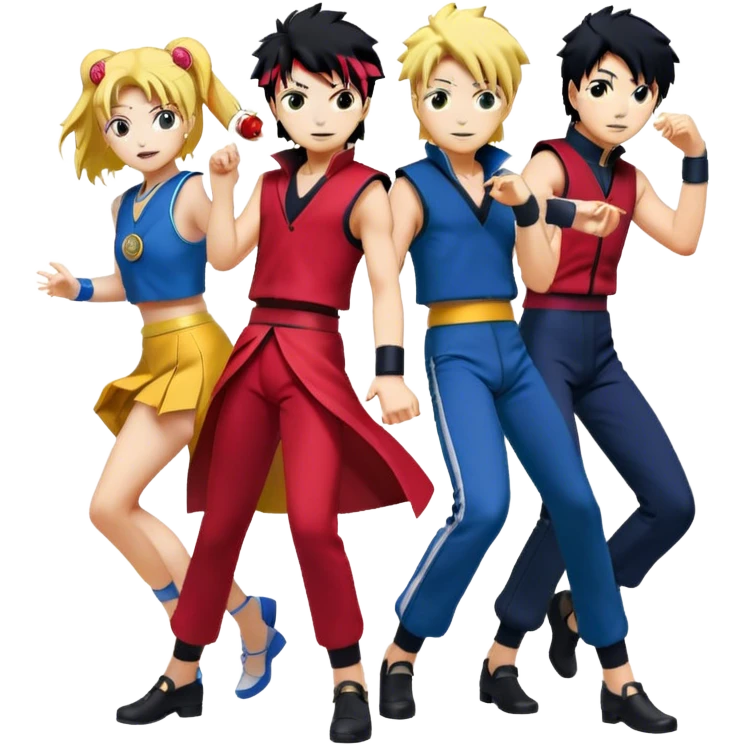 Icon for Anime Collage: Dynamic collage Characters from Cowboy Bebop, Naruto, Bishoujo Senshi Sailor Moon and Kimetsu no Yaiba, each in their iconic poses and vibrant outfits, blended together with dynamic backgrounds. Transparent background. emoji