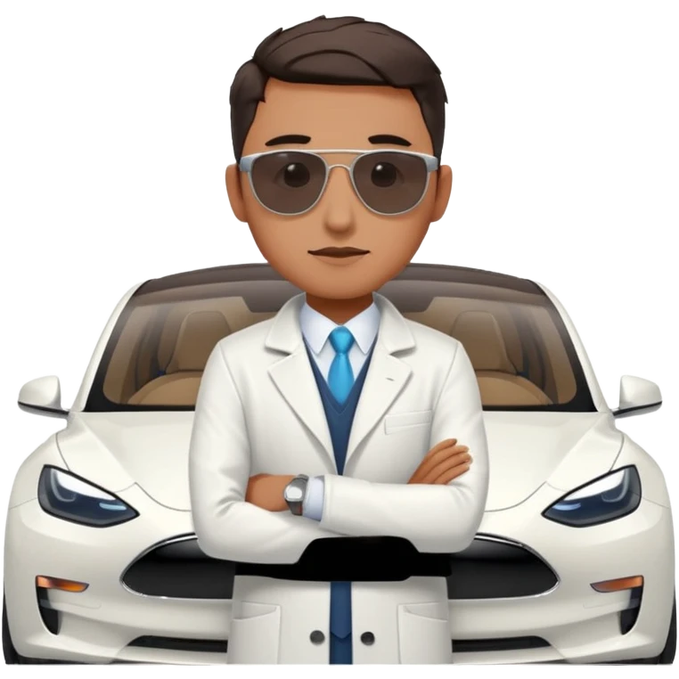 White tesla model 3 with a cool physician with sunglasses next to it emoji