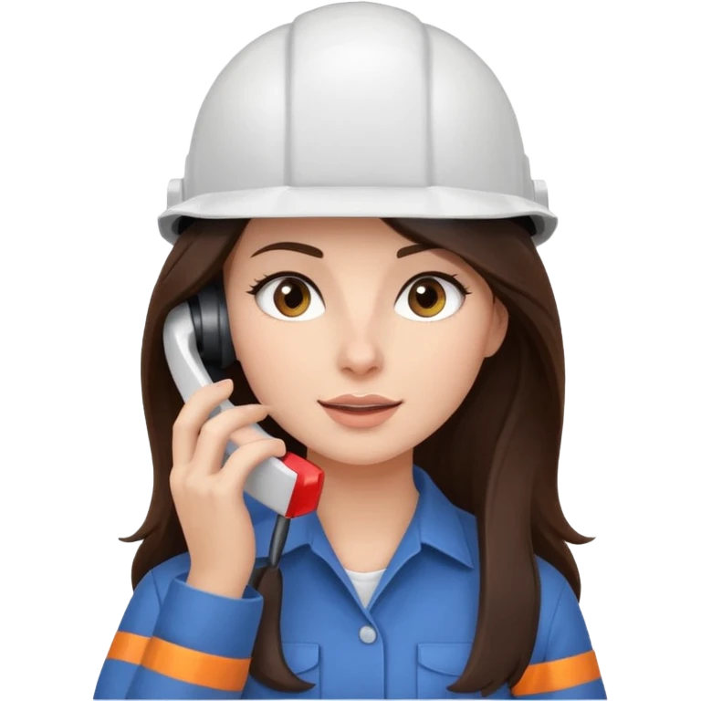 okay now do a brunette girl with long dark brown hair. rolling her eyes like she is annoyed as she is on a phone call (iphone) and is wearing a engineer helmet  emoji