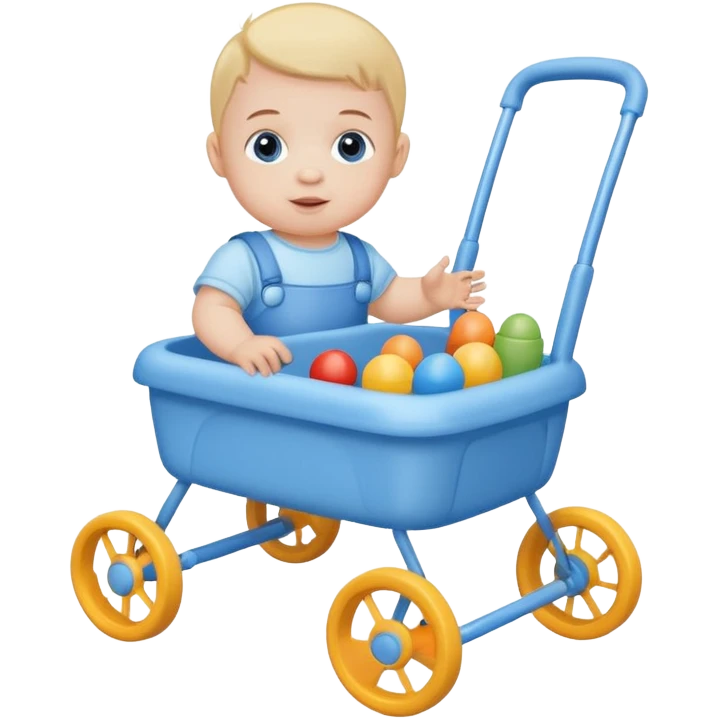 blue baby walker with toys on  it and baby is sittting emoji