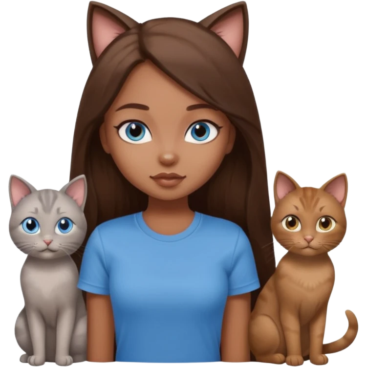 a pretty bratz dusky girl with long brown hair, blue eyes with six cats nd wearing a grey tshirt emoji