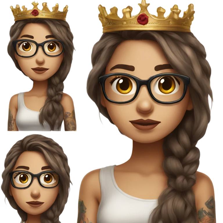 Hyperrealistic beautiful  girl, wearing a crown and glasses, arm tattoos, and long brown hair  emoji