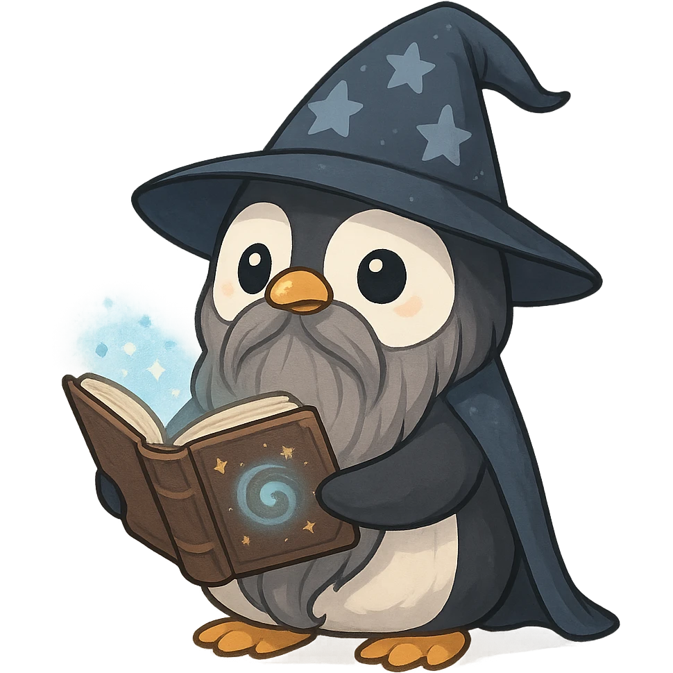 cute penguin wizard with a long beard holding a magic book emoji