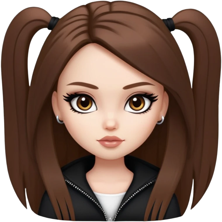 pretty bratz girl, long straight brown hair, brown eyes, black eyeliner, pale skin, black clothes emoji