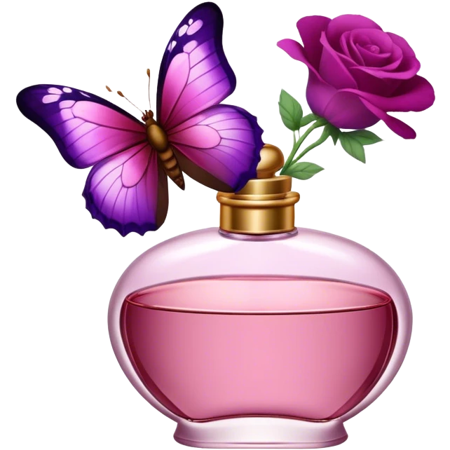 "With vibrant Tyrian Purple and Jasper Red wings, a butterfly flutters near an elegant Rosewater Pink perfume bottle. Misty Rose pansies surround the setting, adding a touch of gentle floral beauty." emoji