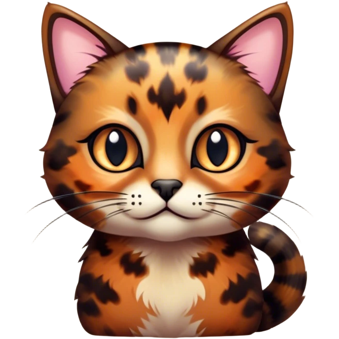 Cinematic Cute Tortoiseshell Cat Portrait Emoji, Head cocked sweetly with bright, curious eyes and a cuddly, mottled fur of rich browns and blacks, simplified yet charmingly adorable, highly detailed, glowing with a warm, gentle radiance, high shine, playful and endearing, styled with a dash of whimsical feline magic, soft glowing outline, capturing the essence of a cute tortoiseshell cat that seems ready to pounce with affectionate mischief! emoji