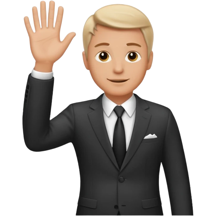 A white man in a suit stands and waves his hand in greeting. emoji