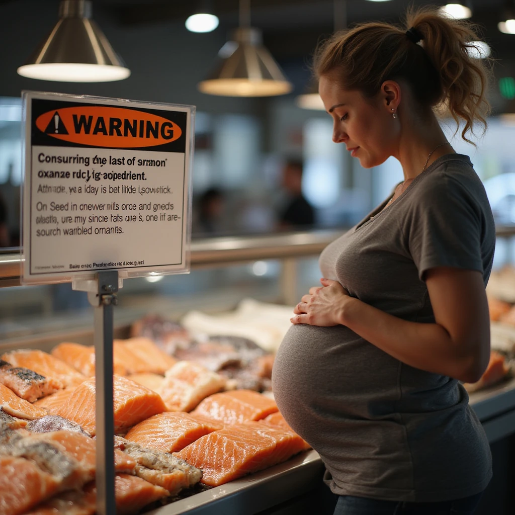 realistic pregnant woman in 4K observing informational sign at fish market: 'Warning, consuming raw salmon can pose risks during pregnancy' emoji