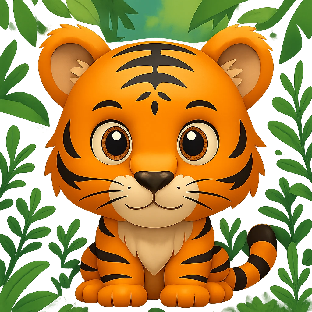 Add a lush green jungle background behind the tiger cub in the style of apple emojis, preserving the apple emoji style and look. emoji