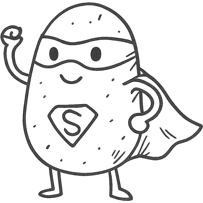 a potato dressed as a superhero, hand drawn style emoji