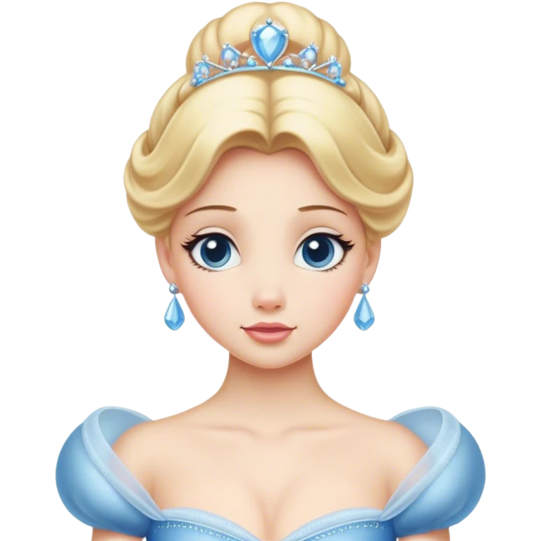 Cinematic Elegant Cinderella Portrait Emoji, rendered in a realistic, vector-style with minimal shading and bold, simplified shapes. Depict Cinderella in her classic ball gown (chest and above) with fair, porcelain skin and elegantly styled blonde hair, her eyes soft and kind, and her expression serene and graceful. The design glows with a gentle, enchanting radiance and high shine, capturing the timeless beauty of a fairy tale princess. emoji