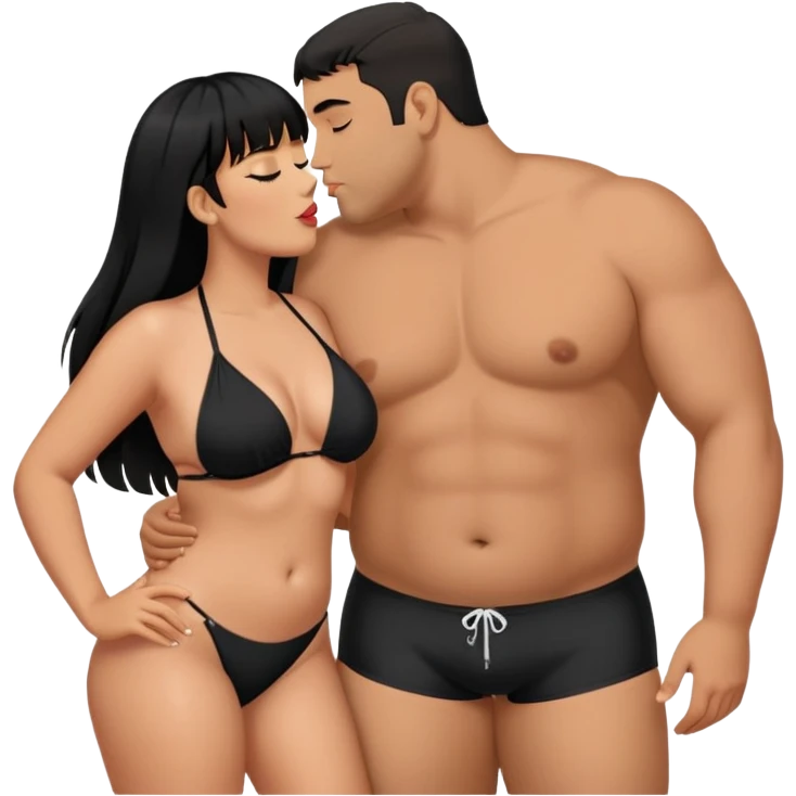 Latina female with bangs black long hair plus size in the beach with black bikini kissing Latin man with short hair  emoji