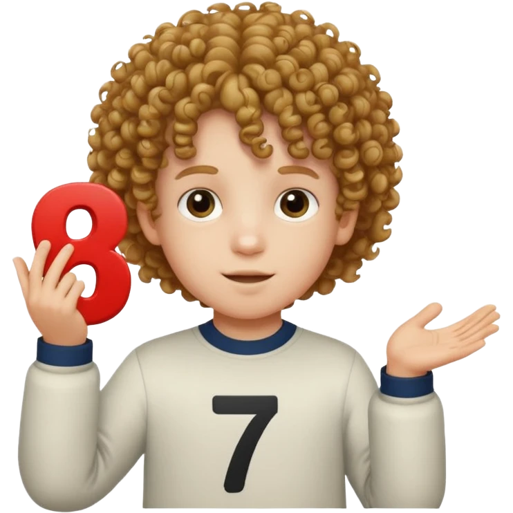 A curly-haired, white child holding the number 6 in his right hand and the number 7 in his left hand. emoji