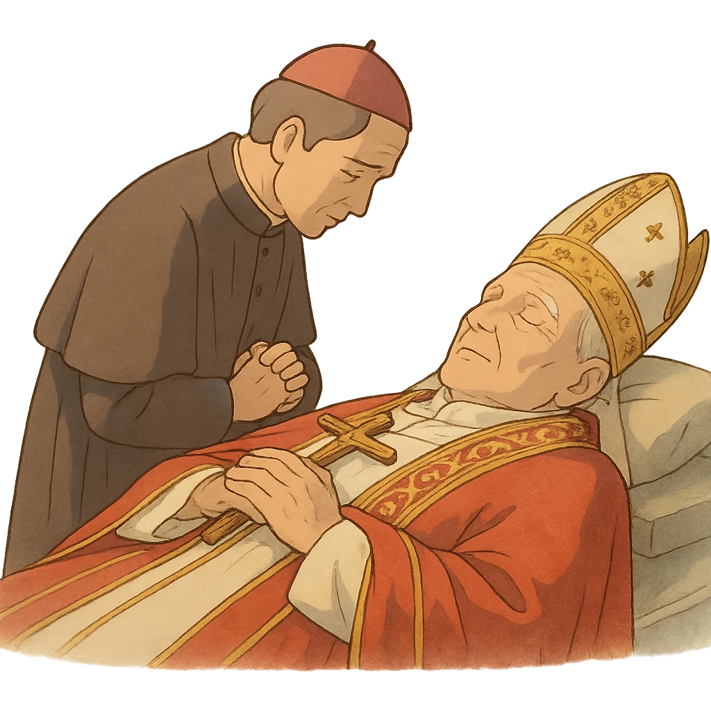 ghibli style gentle, respectful scene symbolizing the death of a pope emoji
