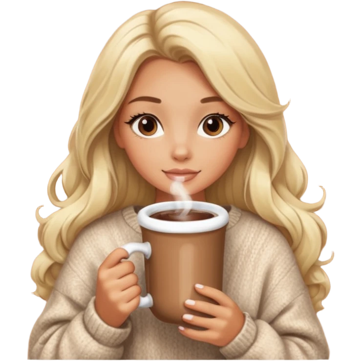 Tanned Girl with lashes , blonde hair, in an extremely big fluffy oversized and hold hot chocolate drink emoji