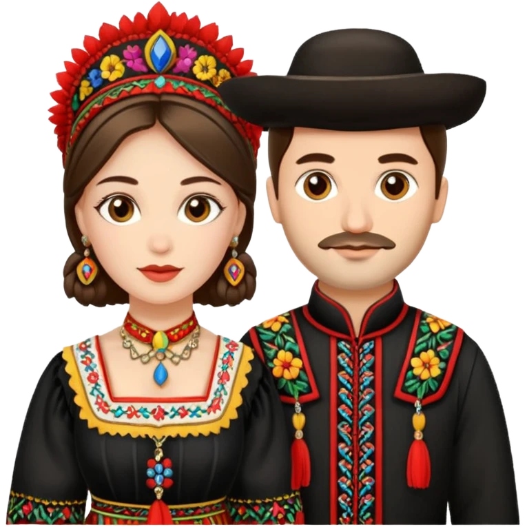 An woman dressed in a national Romanian costume and a men right next to her dressed in a Romanian national costume emoji