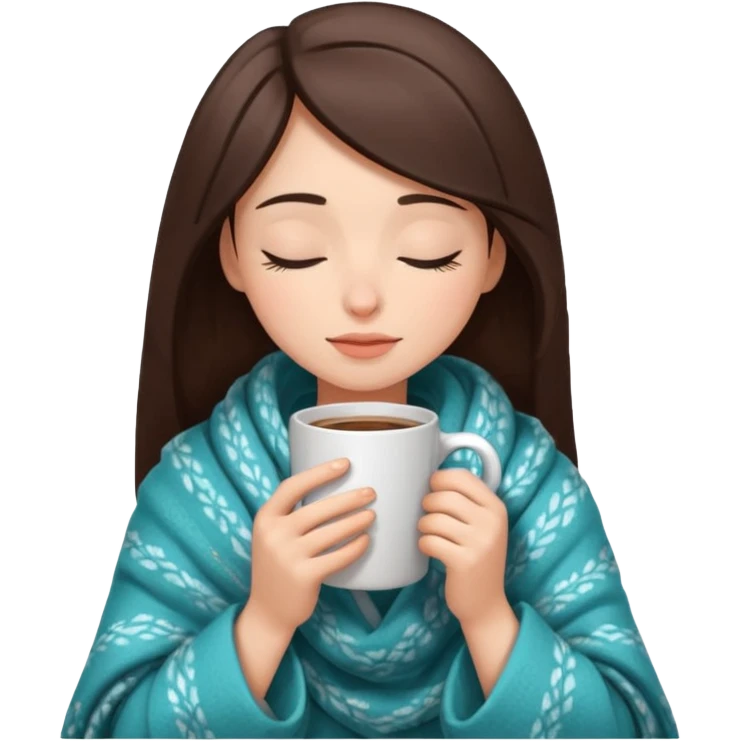 brunette girl cozy in a blanket, holding a coffee mug, eyes closed emoji
