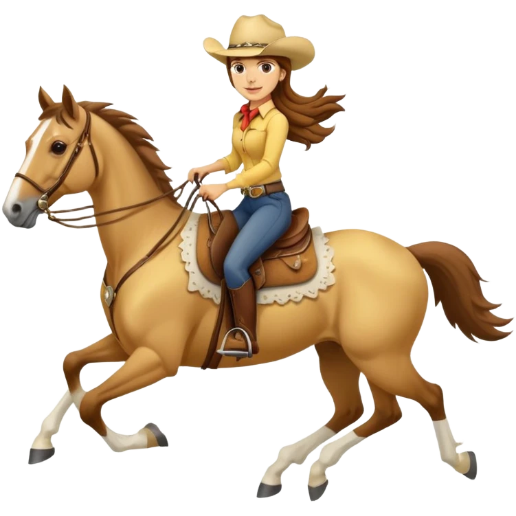 yellow palomino horse running with 4 legs a woman rider with brown hair and a cowboy hat emoji