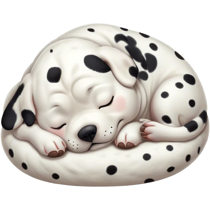 Cinematic Chubby Sleeping Dalmatian Portrait Emoji, Chubby and serene, with a round, plump build and a glossy white coat adorned with distinctive black spots, eyes gently closed in peaceful slumber, Simplified yet irresistibly endearing features, highly detailed, glowing with a gentle, dreamy glow, high shine, relaxed and content, stylized with a touch of whimsy, bright and heartwarming, soft glowing outline, capturing the essence of a blissfully sleepy companion, so comically serene it feels like it could roll out of the screen and snore with adorable charm! emoji