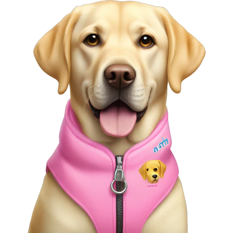 Yellow Labrador wearing a pink vest coat that says assistance dog  emoji